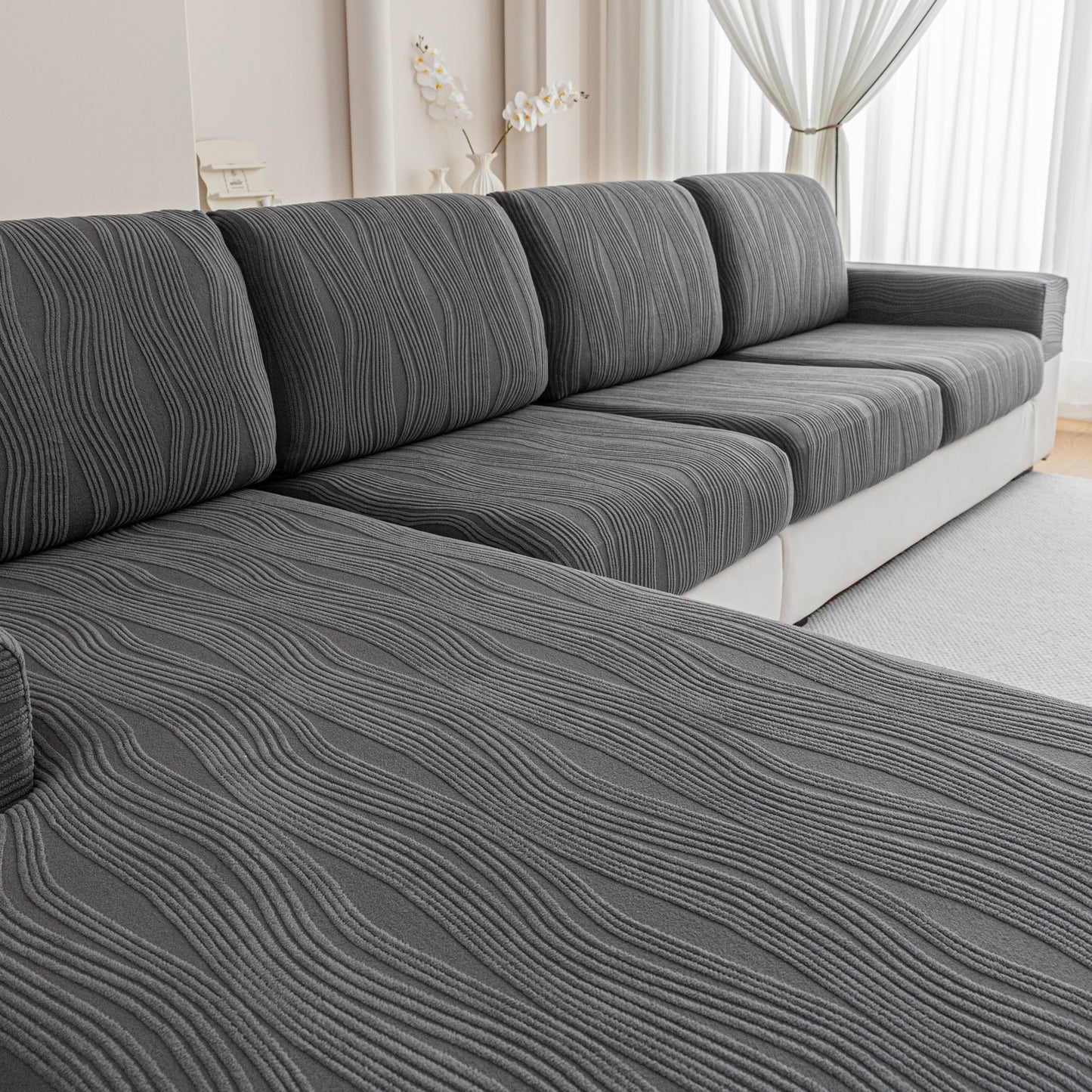 QIANMEW Couch Cushion Covers, Super Stretch Washable Sofa Slipcovers for L Shaped & Modular Seats, Pet-Friendly Furniture Protector with Stripe Design