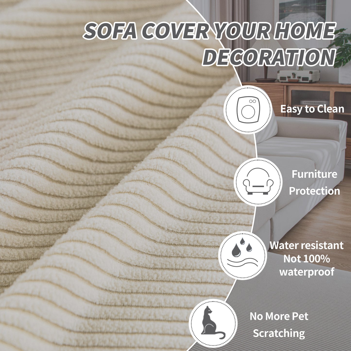 QIANMEW Couch Cushion Covers, Comfort Soft Magic Sofa Covers Washable Stretch Resistant Slipcovers for Sectional and L Shaped Seats Furniture Protectors for Pets