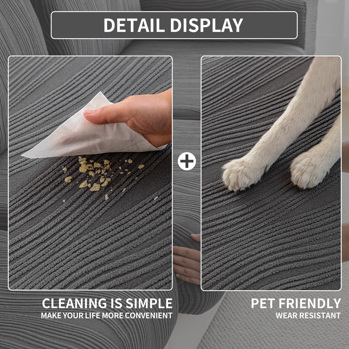 QIANMEW Couch Cushion Covers, Super Stretch Washable Sofa Slipcovers for L Shaped & Modular Seats, Pet-Friendly Furniture Protector with Stripe Design