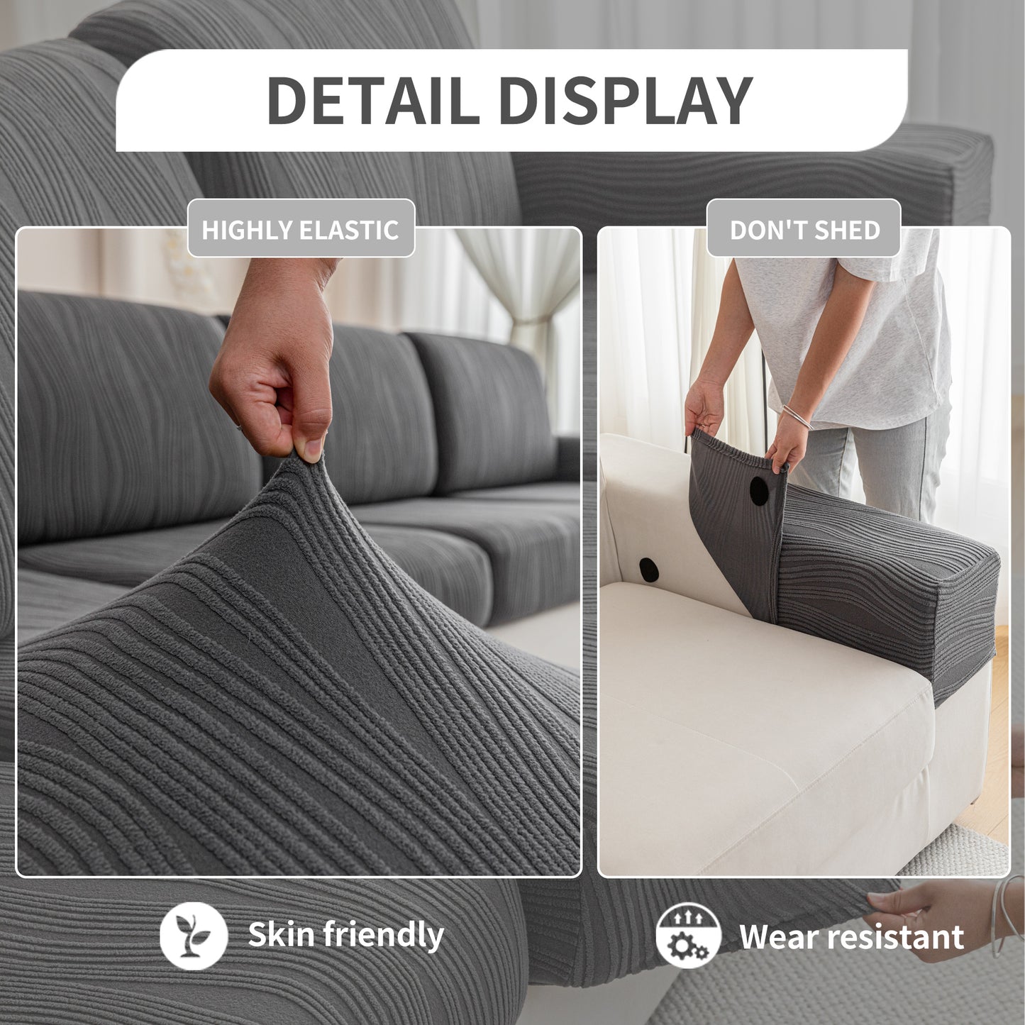 QIANMEW Couch Cushion Covers, Super Stretch Washable Sofa Slipcovers for L Shaped & Modular Seats, Pet-Friendly Furniture Protector with Stripe Design